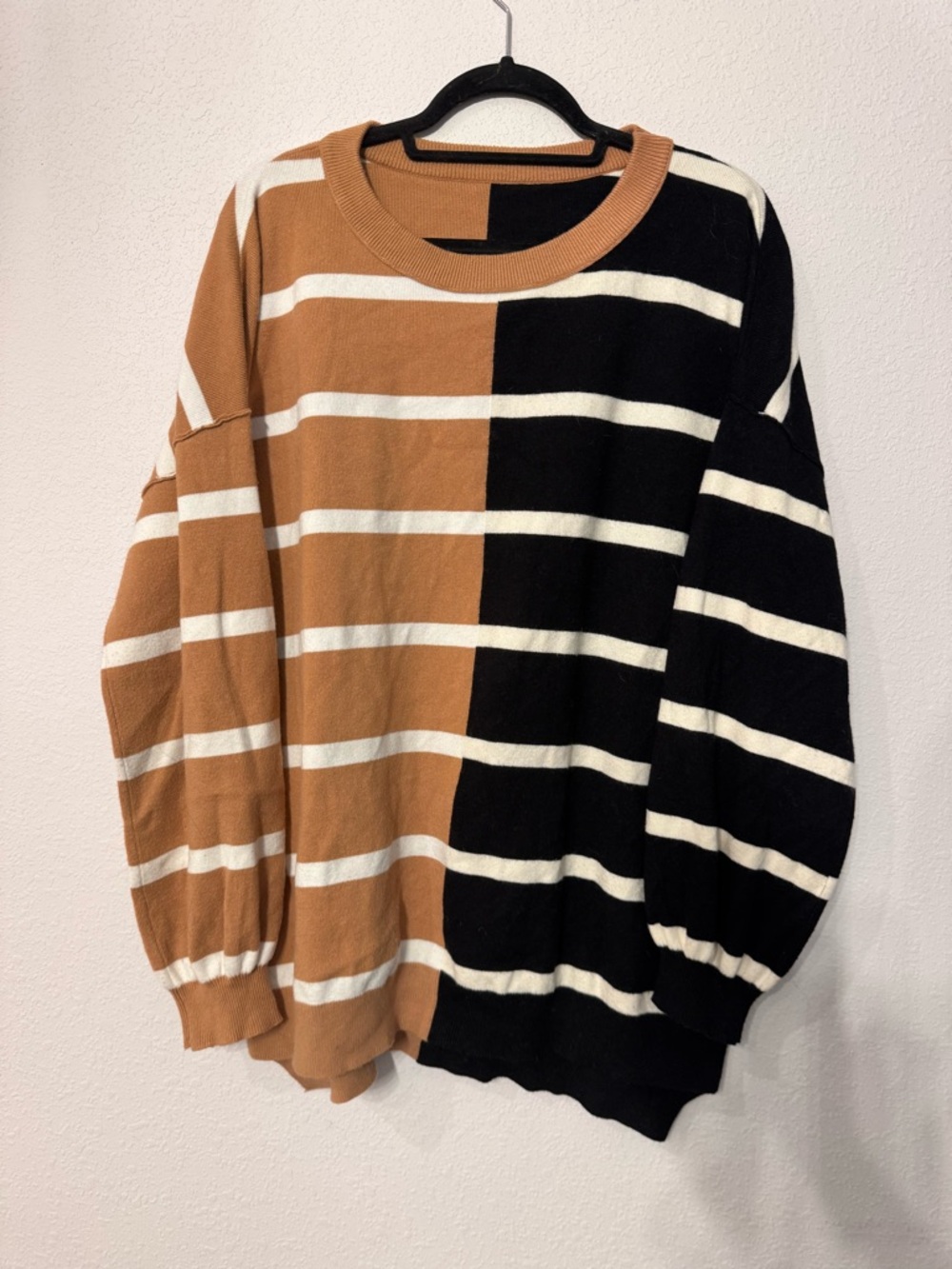 NO LABEL Basic Color Block Striped Knit Pullover Tan Black Brown Size L GUC